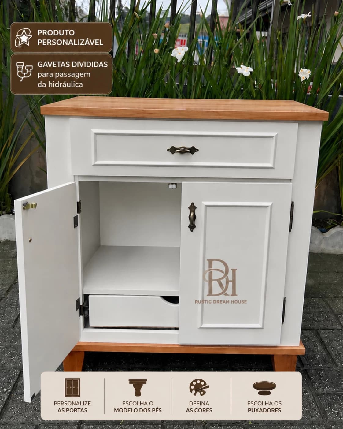 Balcão para Banheiro 80 cm com Gaveta Interna Personalizável em MDF Laqueado