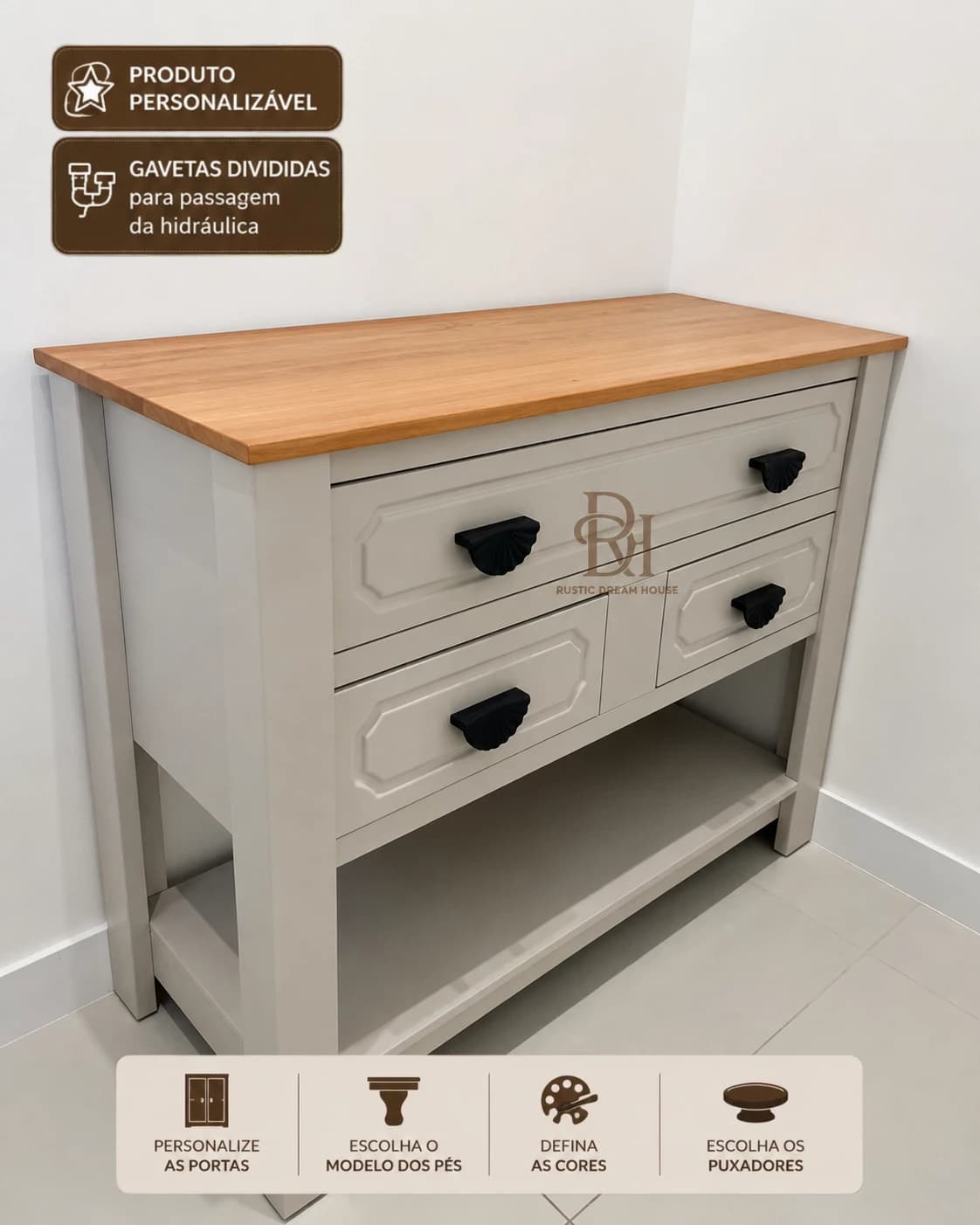 Balcão para Banheiro Sheik 1.10 cm com 3 Gavetas Personalizável em MDF Laqueado