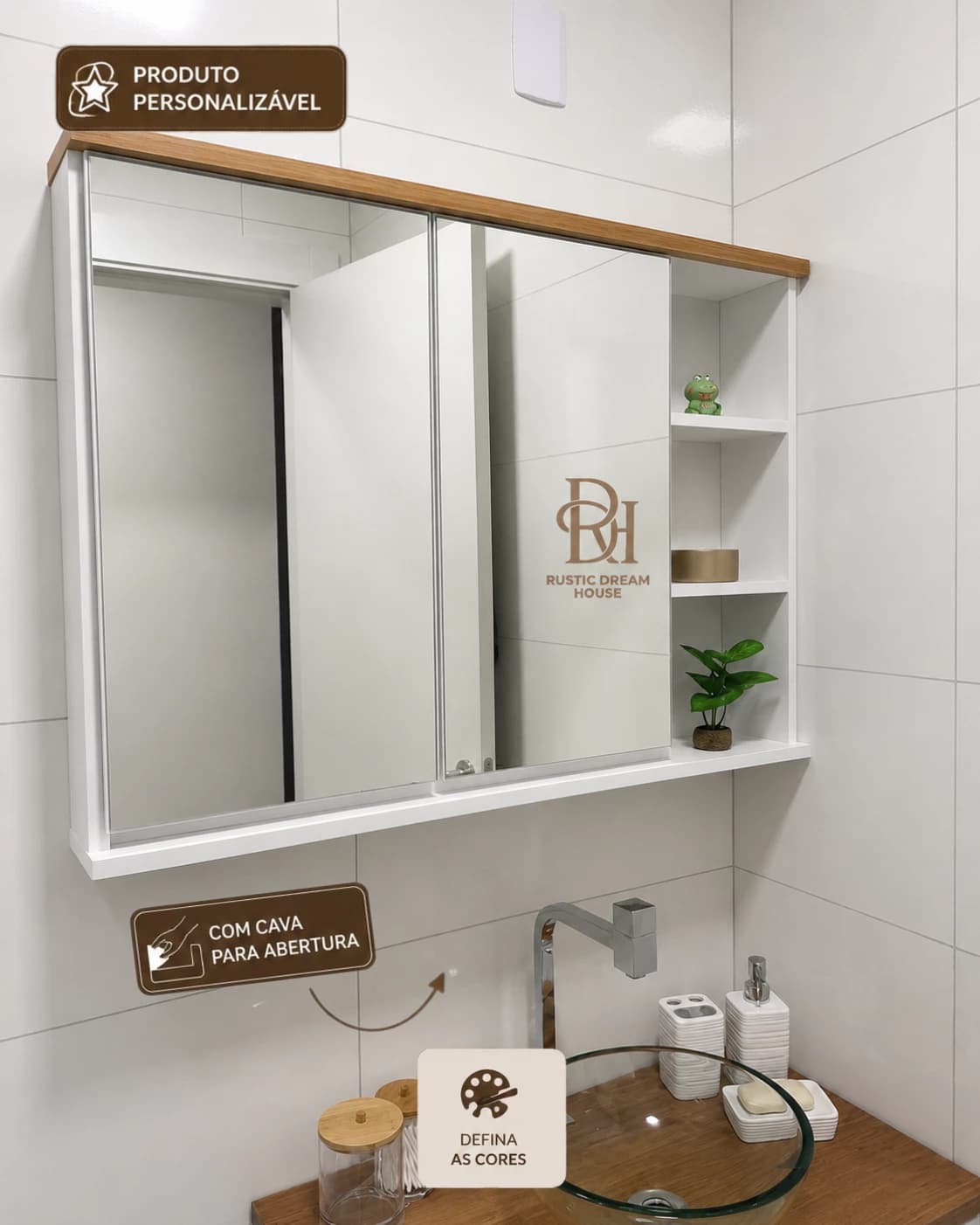 Espelheira para Banheiro 1.10 cm com 2 Portas e Nicho Personalizável em MDF Laqueado