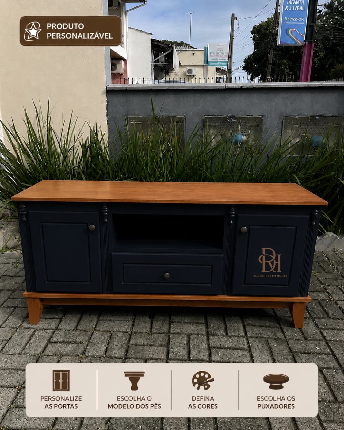Rack Retrô 1.50 cm com 2 Portas e 1 Gaveta Central Personalizável em MDF Laqueado