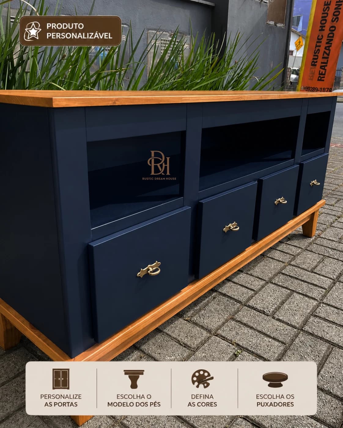 Rack 2.00 cm com 4 Gavetas e Nicho Superior Personalizável em MDF Laqueado
