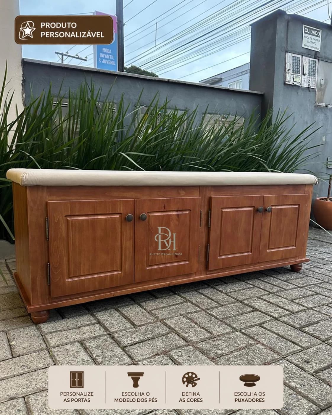 Sapateira 1.60 cm em Madeira Maciça com Estofado e 4 Portas Personalizável