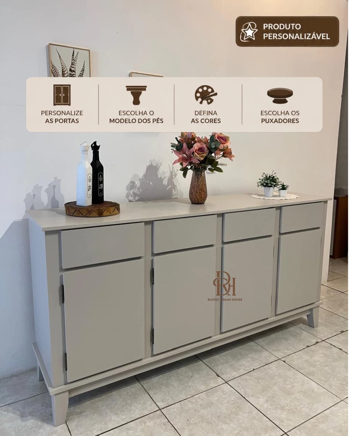 Balcão Buffet 1.60 m 4 Portas e 4 Gavetas com Cava Personalizável em MDF Laqueado
