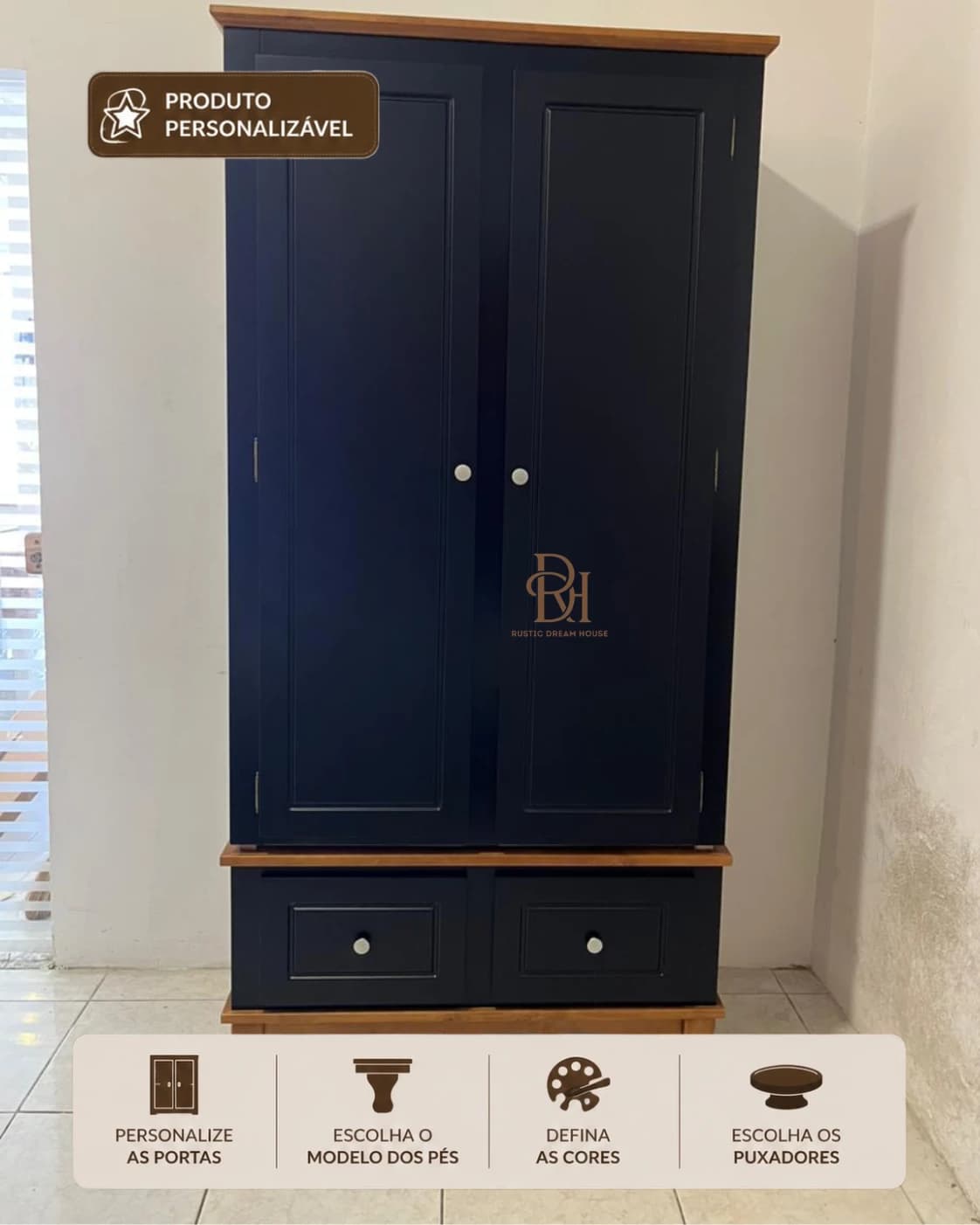 Roupeiro 90 cm 2 Portas, 2 Gavetas e Cabideiro Interno