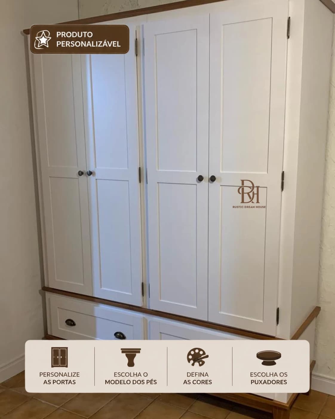Roupeiro 1.60 m 4 Portas e 2 Gavetas Personalizável em MDF Laqueado