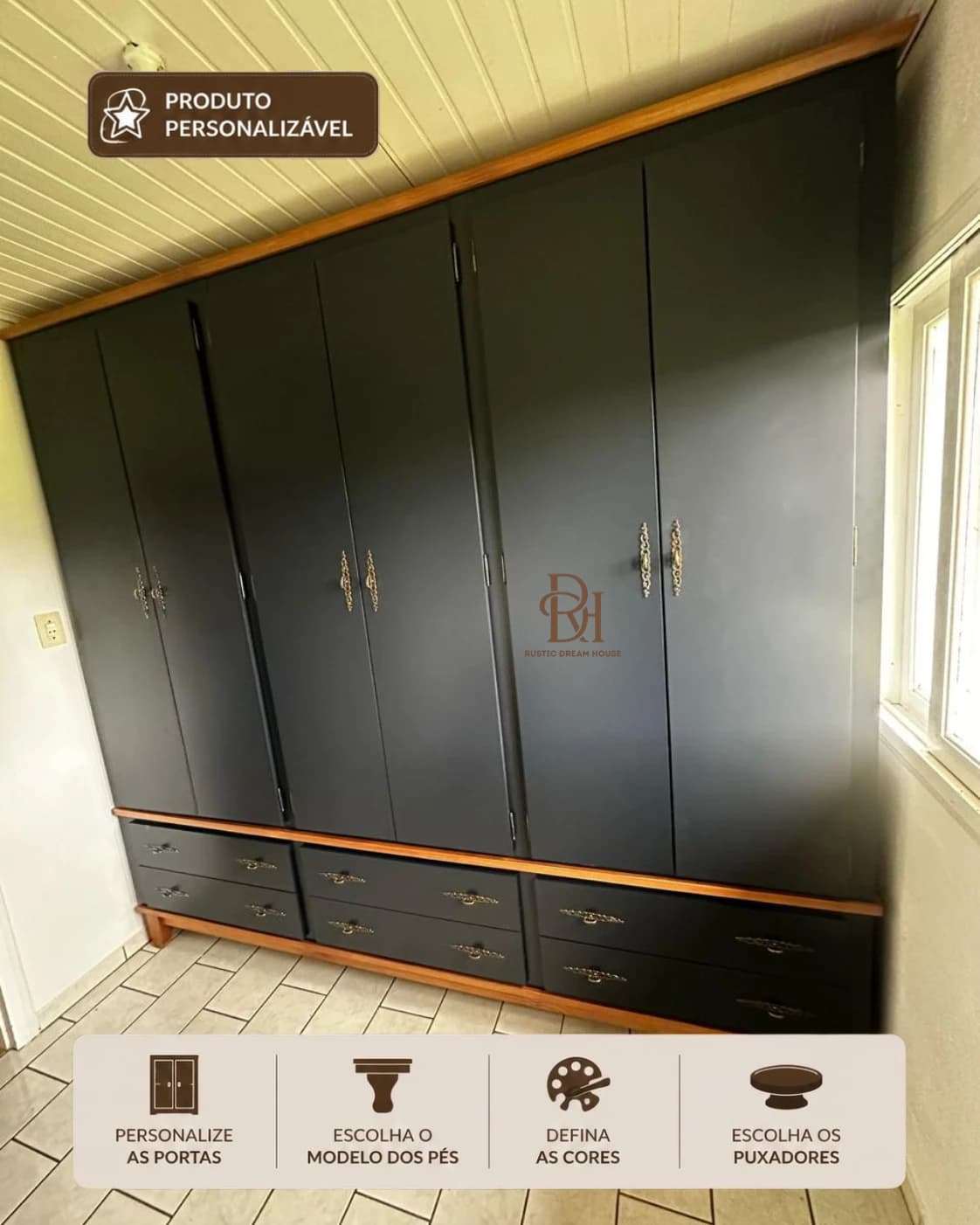 Roupeiro 2.40 m 6 Portas e 6 Gavetas Personalizável em MDF Laqueado