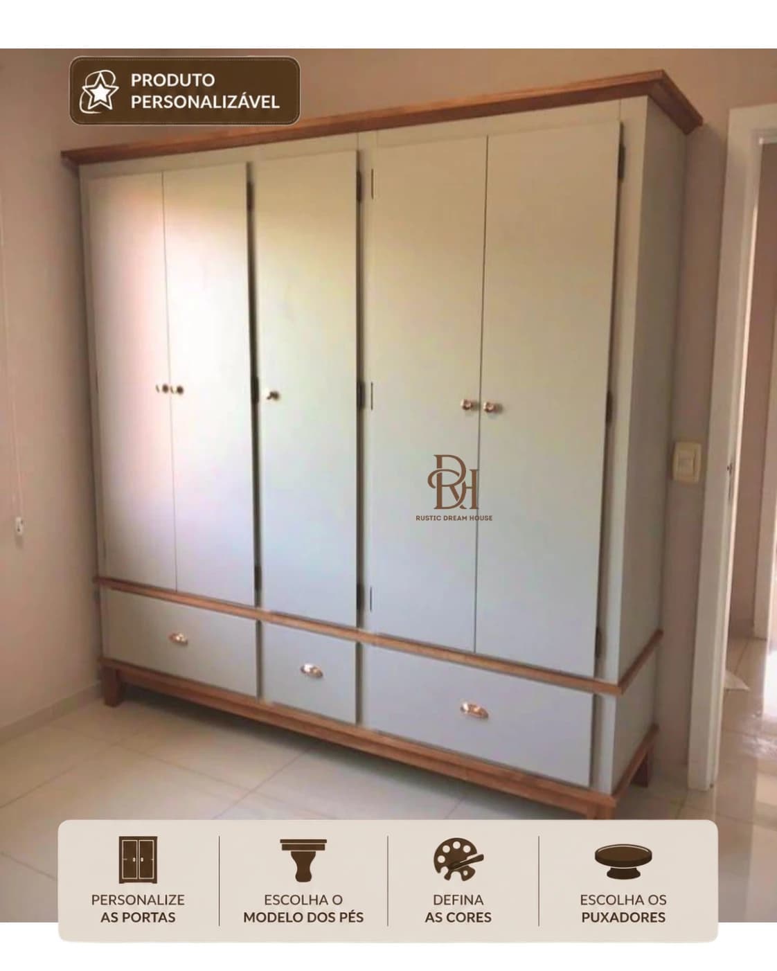 Roupeiro 2.00 m 5 Portas e 3 Gavetas com Sapateira Interna Personalizável