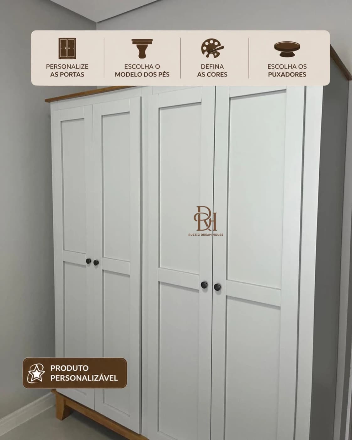 Roupeiro 1.60 m 4 Portas com Gavetas Internas Personalizável em MDF Laqueado