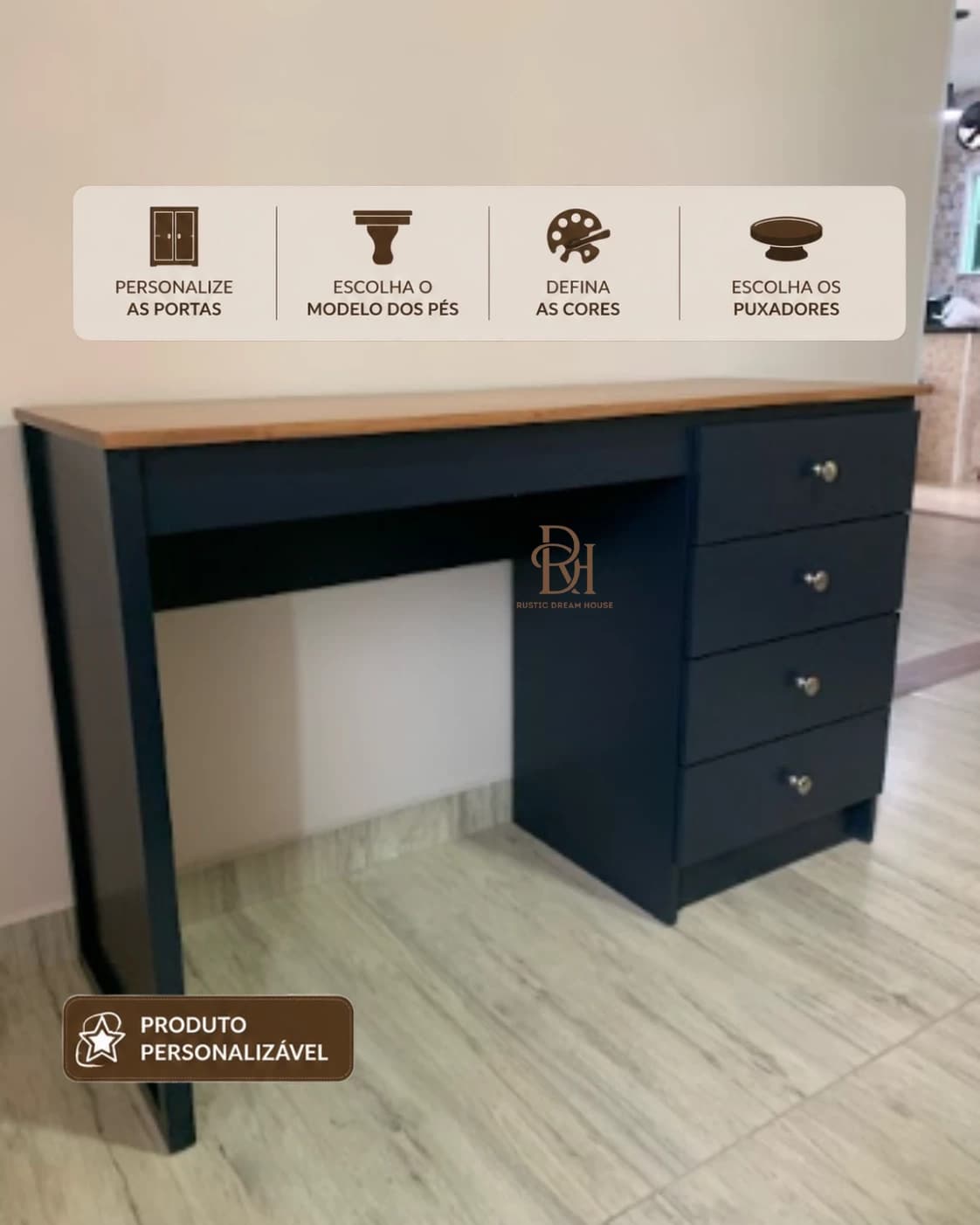 Escrivaninha 1.40 m com 4 Gavetas Personalizável em MDF Laqueado