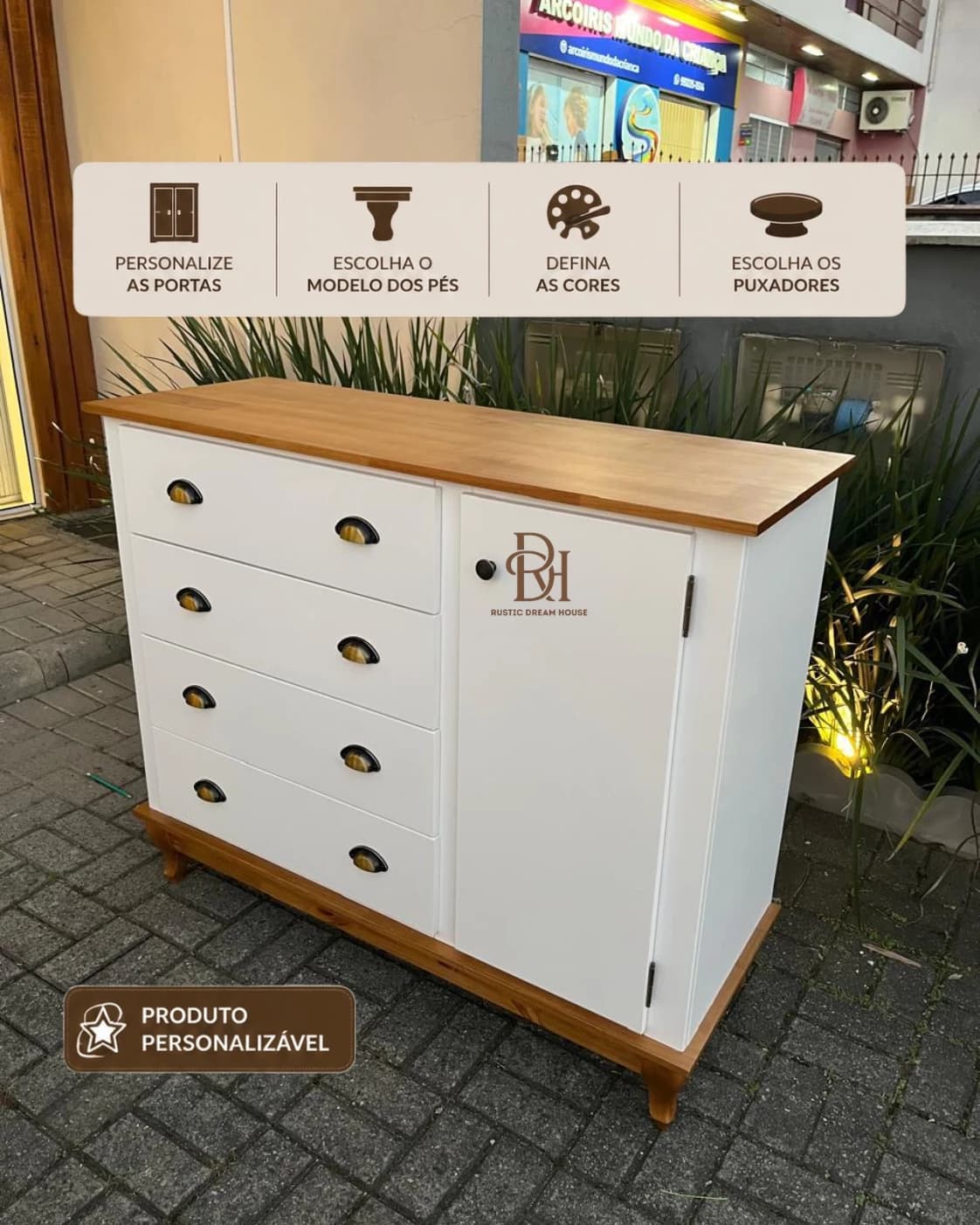 Cômoda 1.20 m com 4 Gavetas e 1 Porta Personalizável em MDF Laqueado