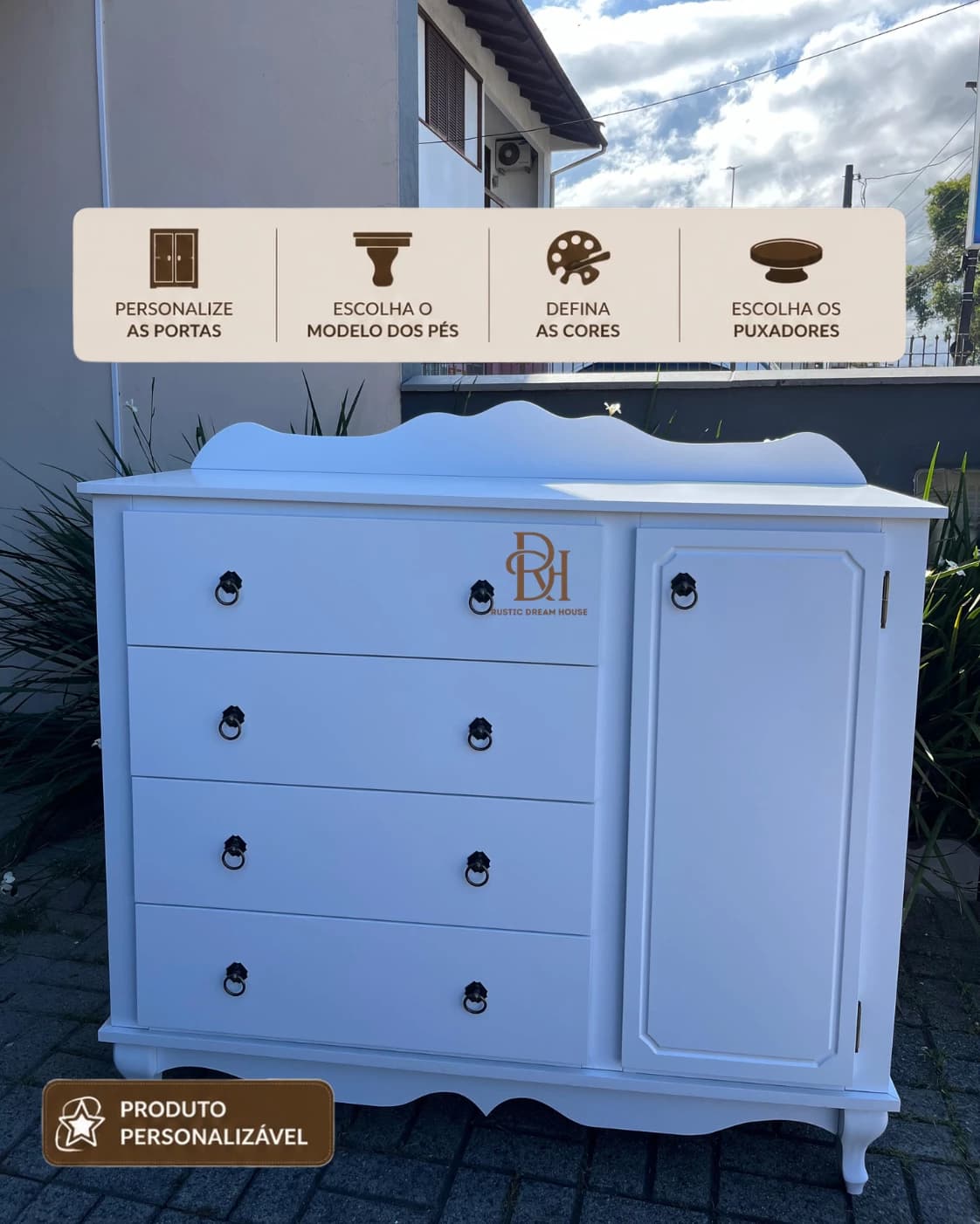 Cômoda Provençal 1.20 m com 4 Gavetas e 1 Porta Personalizável