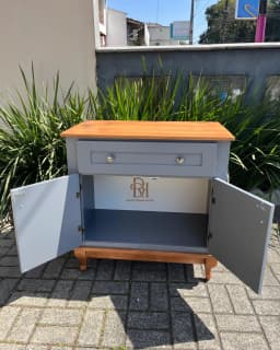 Pronta Entrega - Balcão para Banheiro Cinza Azulado com Tampo em Madeira Maciça miniatura 3