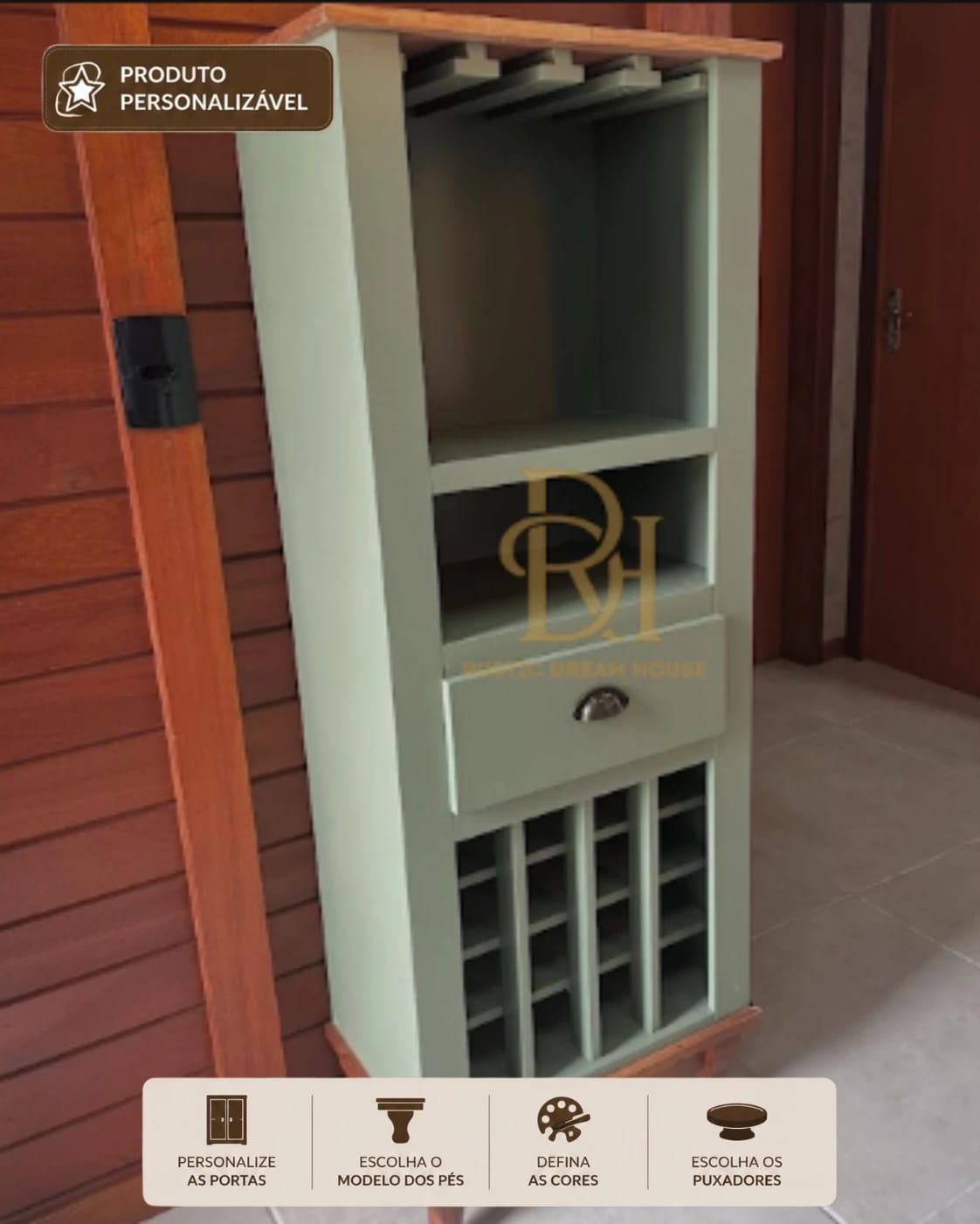 Adega 50 cm com Prateleira, Gaveta e Nichos para Vinhos Personalizável em MDF Laqueado 1