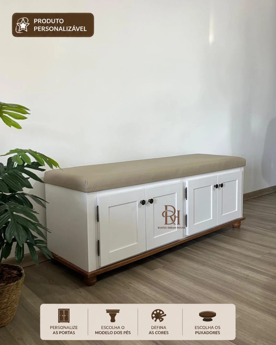 Sapateira 1.60 cm com Estofado e 4 Portas Personalizável em MDF Laqueado 1