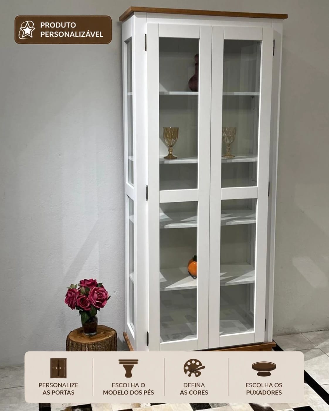 Cristaleira 80cm 2 Portas com Laterais Envidraçadas Personalizável em MDF Laqueado 1