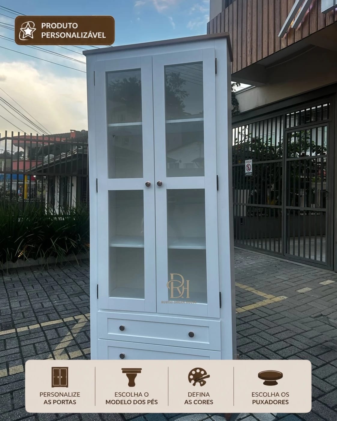 Cristaleira 80 cm 2 Portas e 2 Gavetas Personalizável em MDF Laqueado 1
