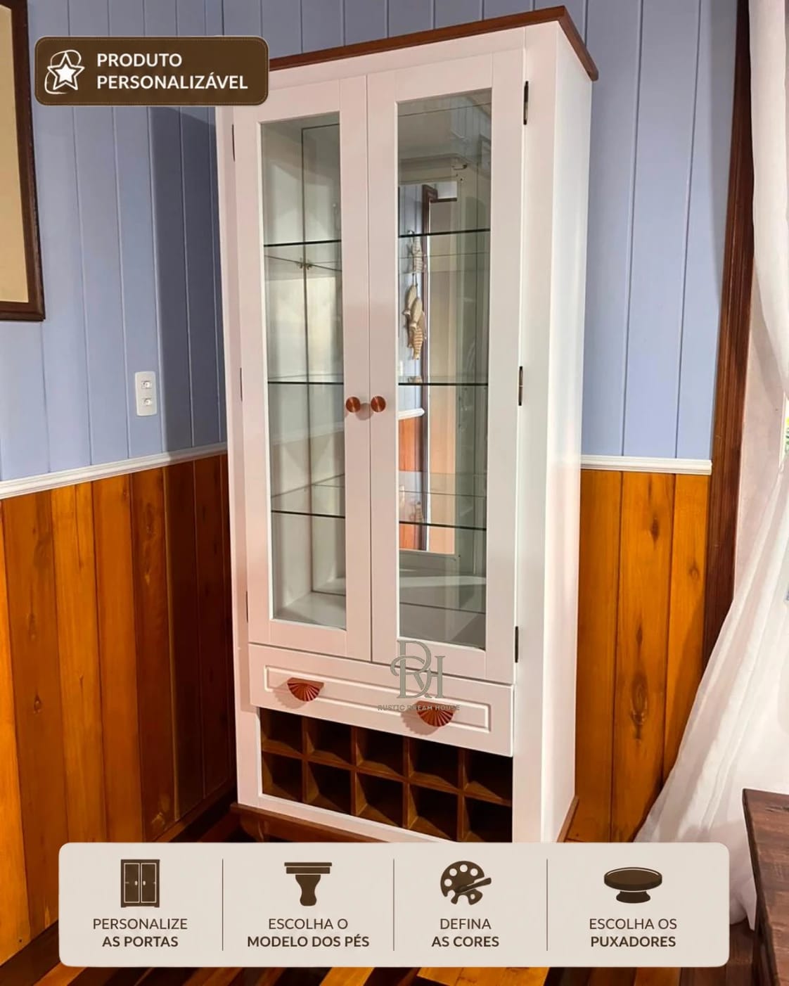 Cristaleira 80cm 2 Portas com Adega e 1 Gaveta Personalizável em MDF Laqueado 1