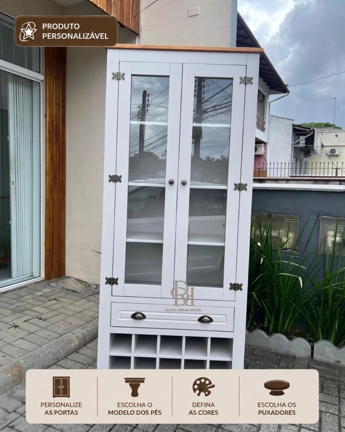 Cristaleira 80 cm 2 Portas com Adega e 1 Gaveta Personalizável em MDF Laqueado 1