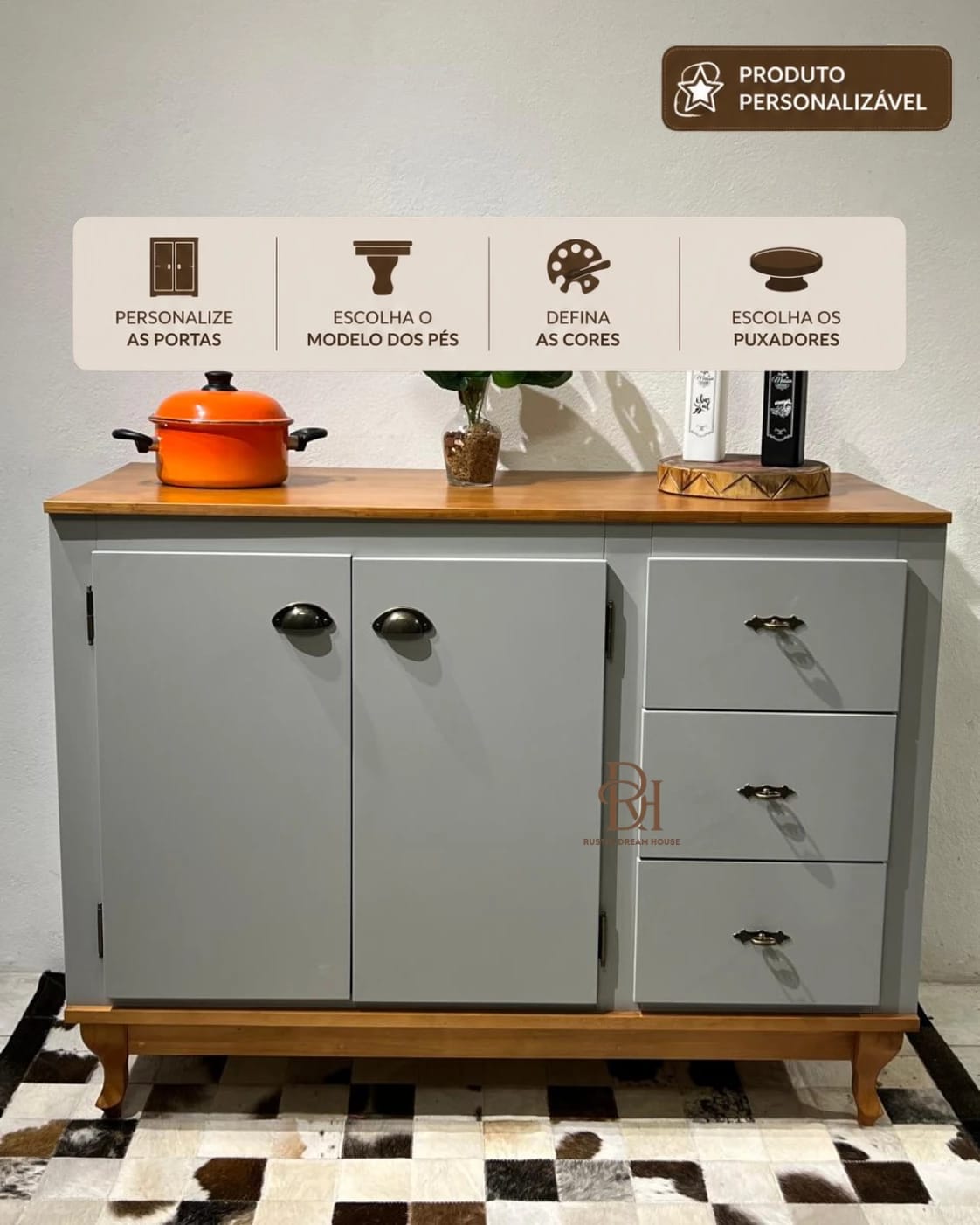 Balcão Buffet 1.20 cm 2 Portas e 3 Gavetas Personalizável em MDF Laqueado 1