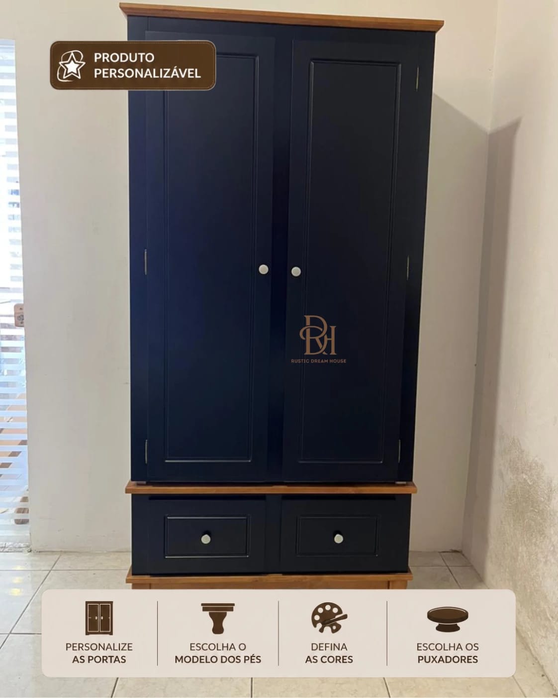 Roupeiro 90 cm 2 Portas, 2 Gavetas e Cabideiro Interno 1
