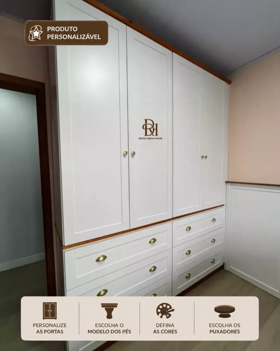 Roupeiro 2.00 m 4 Portas e 6 Gavetas Personalizável em MDF Laqueado 1