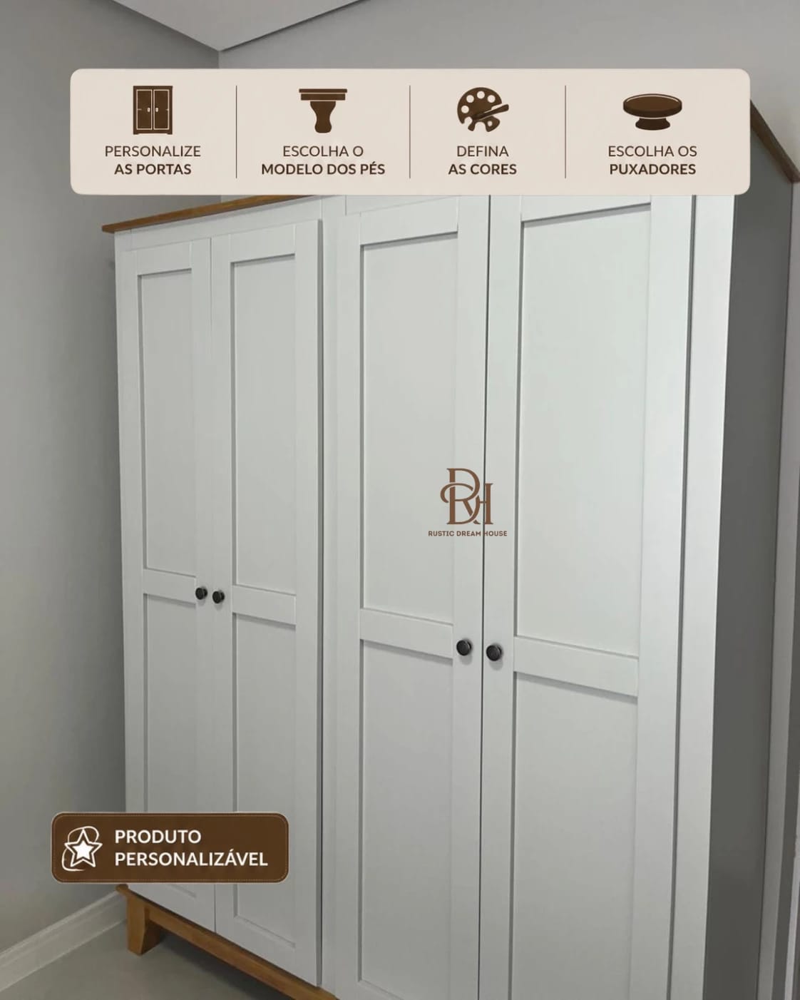 Roupeiro 1.60 m 4 Portas com Gavetas Internas Personalizável em MDF Laqueado 1